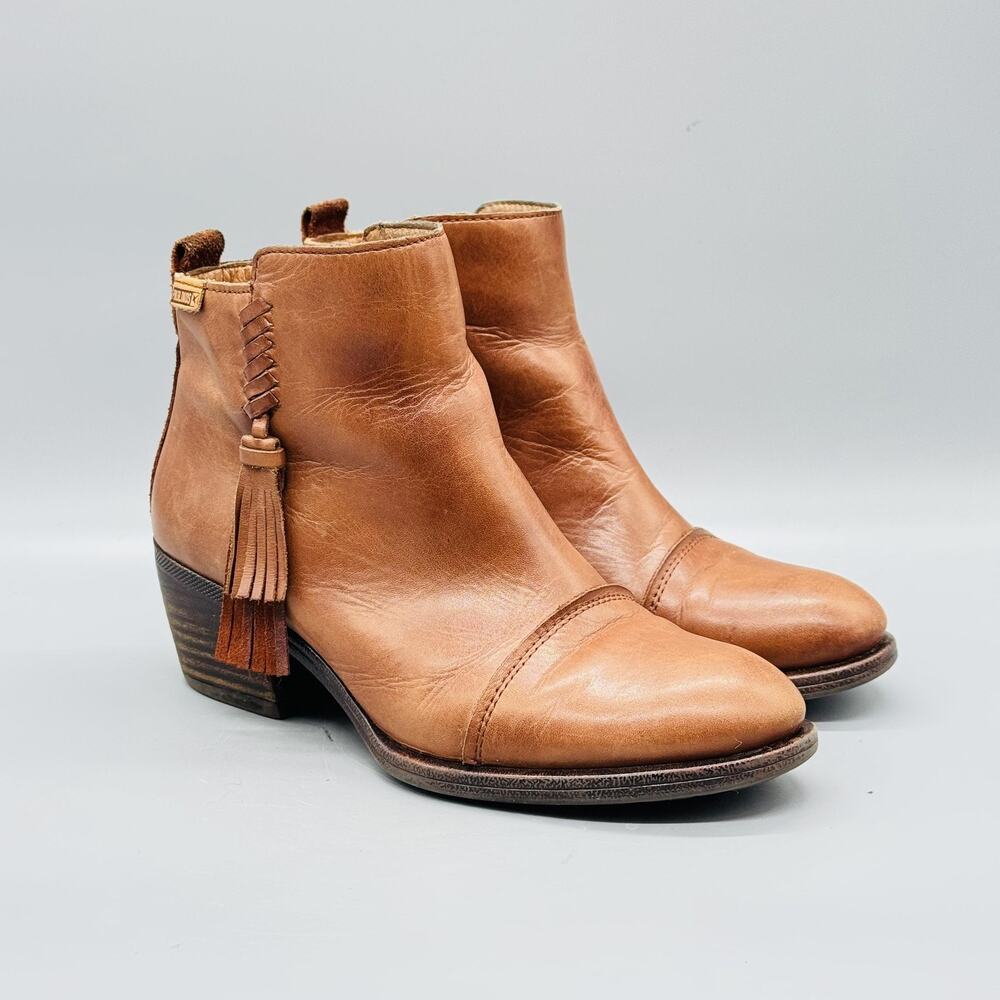Pikolinos Boots Womens 6.5 Brown Leather Ankle Tassel Zip Block Heel Booties - Picture 2 of 10